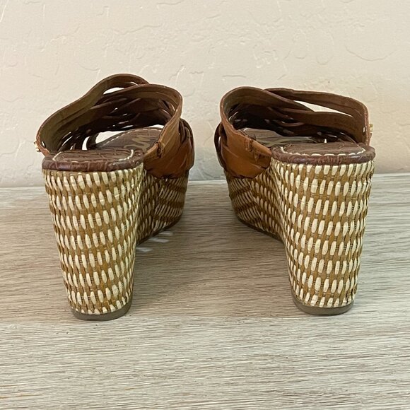 Sam Edelman Sandals Devon 6.5 Tan Leather Woven Platform Wedge Slides - Picture 5 of 12